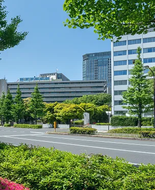 緑豊かな街並みとオフィスビルの景観